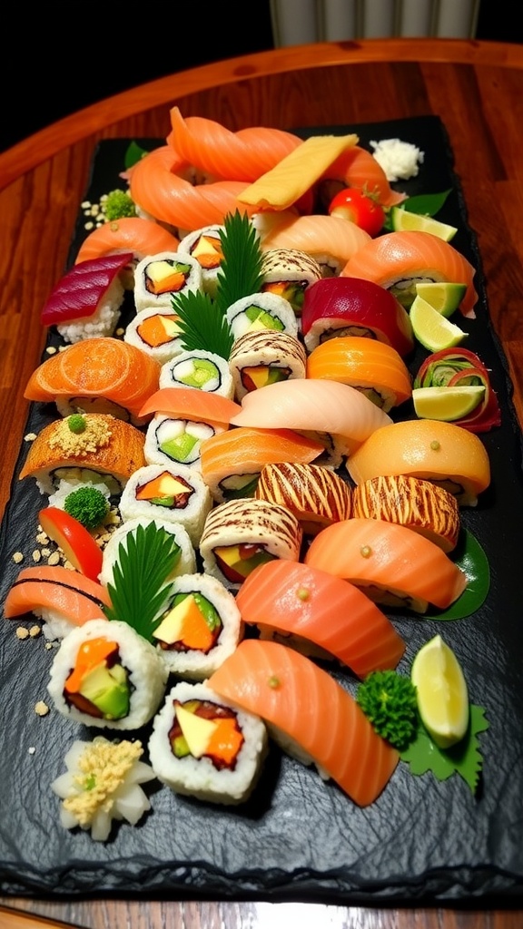 A beautiful sushi platter with various sushi rolls and sashimi on a slate board, showcasing vibrant colors.